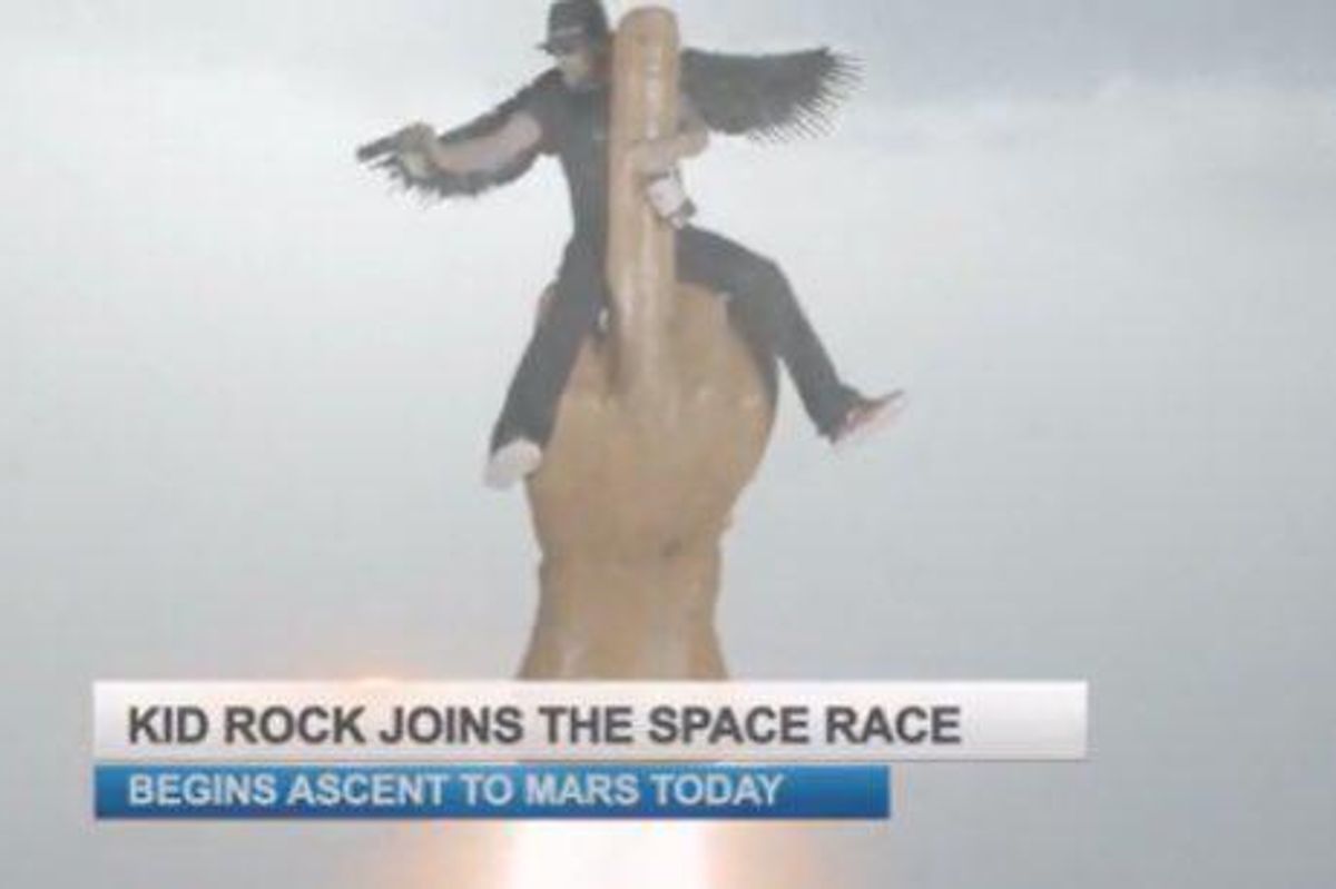 Kid Rock flying to space on a giant middle finger