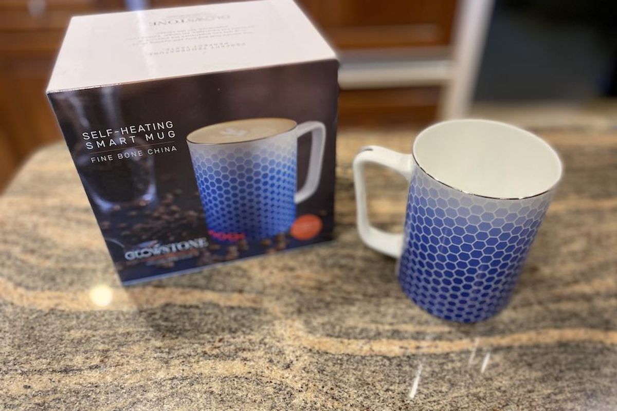 Glowstone Smart Mug 2 with box and mug on a countertop