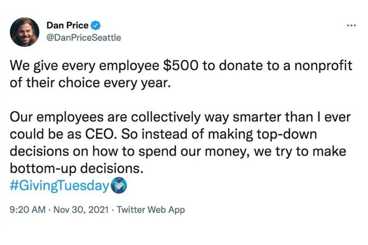 Dan Price, Giving Tuesday, Dan price twitter, gravity payments, ceo gives 70k