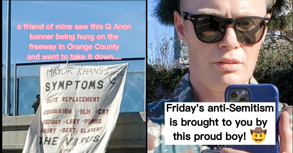 QAnoners Throw Bigoted Tantrum After Guy Cuts Down Their Antisemitic Sign Over A Freeway