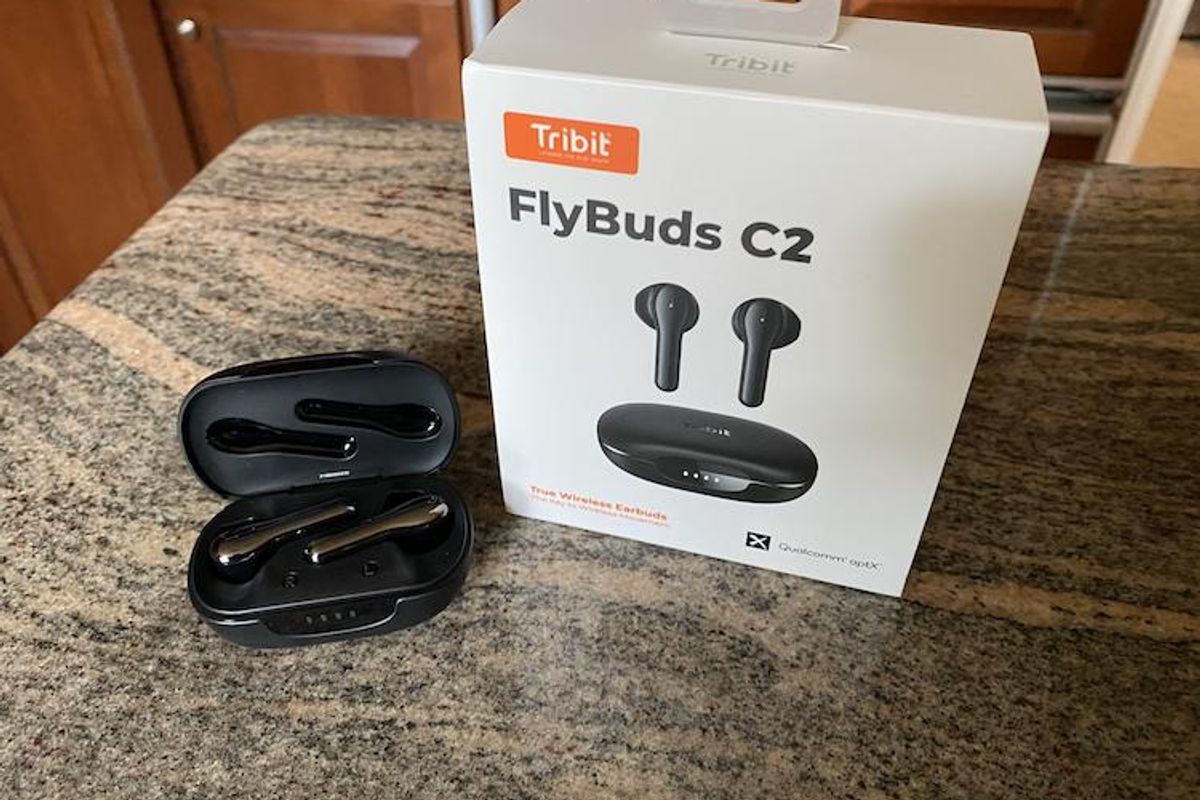Tribit Flybuds C2 True Wireless Earbuds box and case opened with earbuds inside