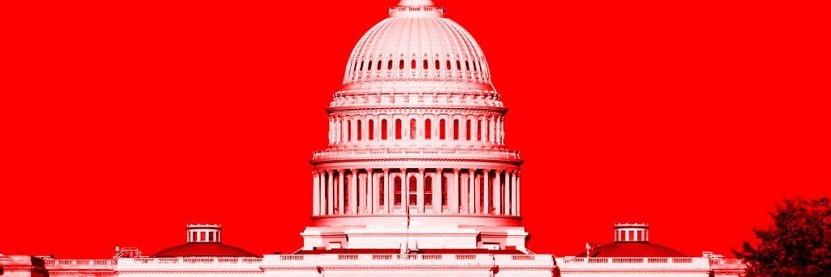 United States Capitol with a red background. 