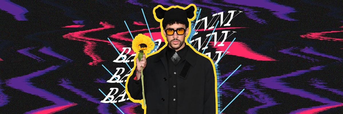 Bad Bunny with a black suit holding a yellow flower