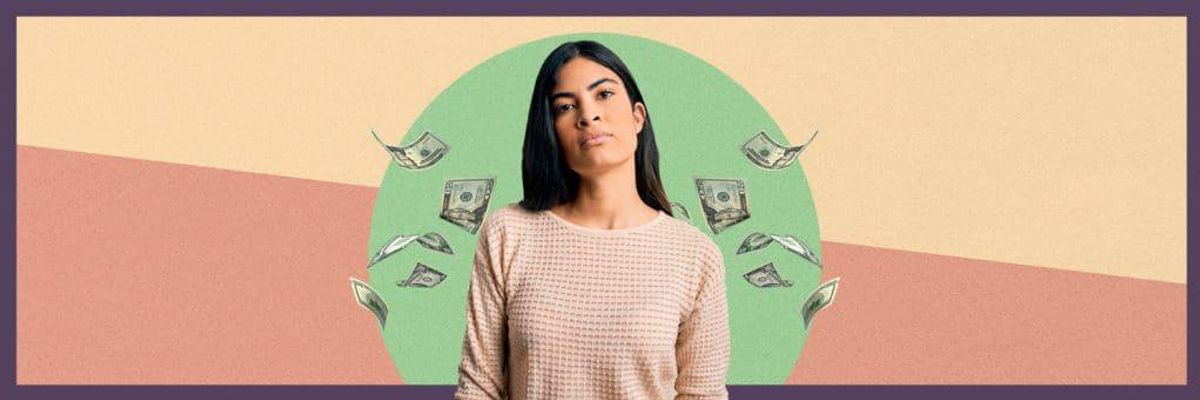 Woman with dollar bills surrounding her in a graphic.