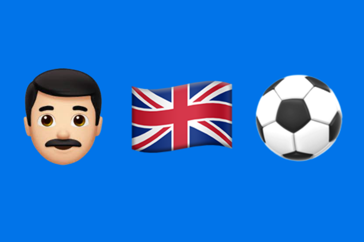 emoji of man, uk flag, soccer ball 