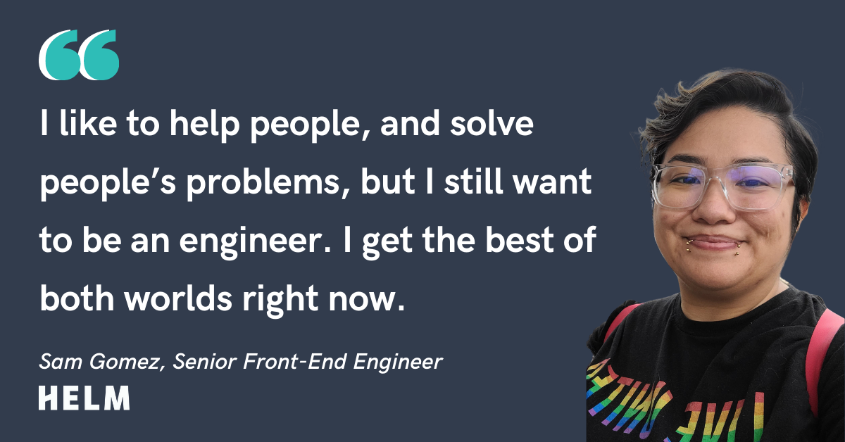 Blog post header with quote from Sam Gomez, Senior Front-End Engineer at Helm