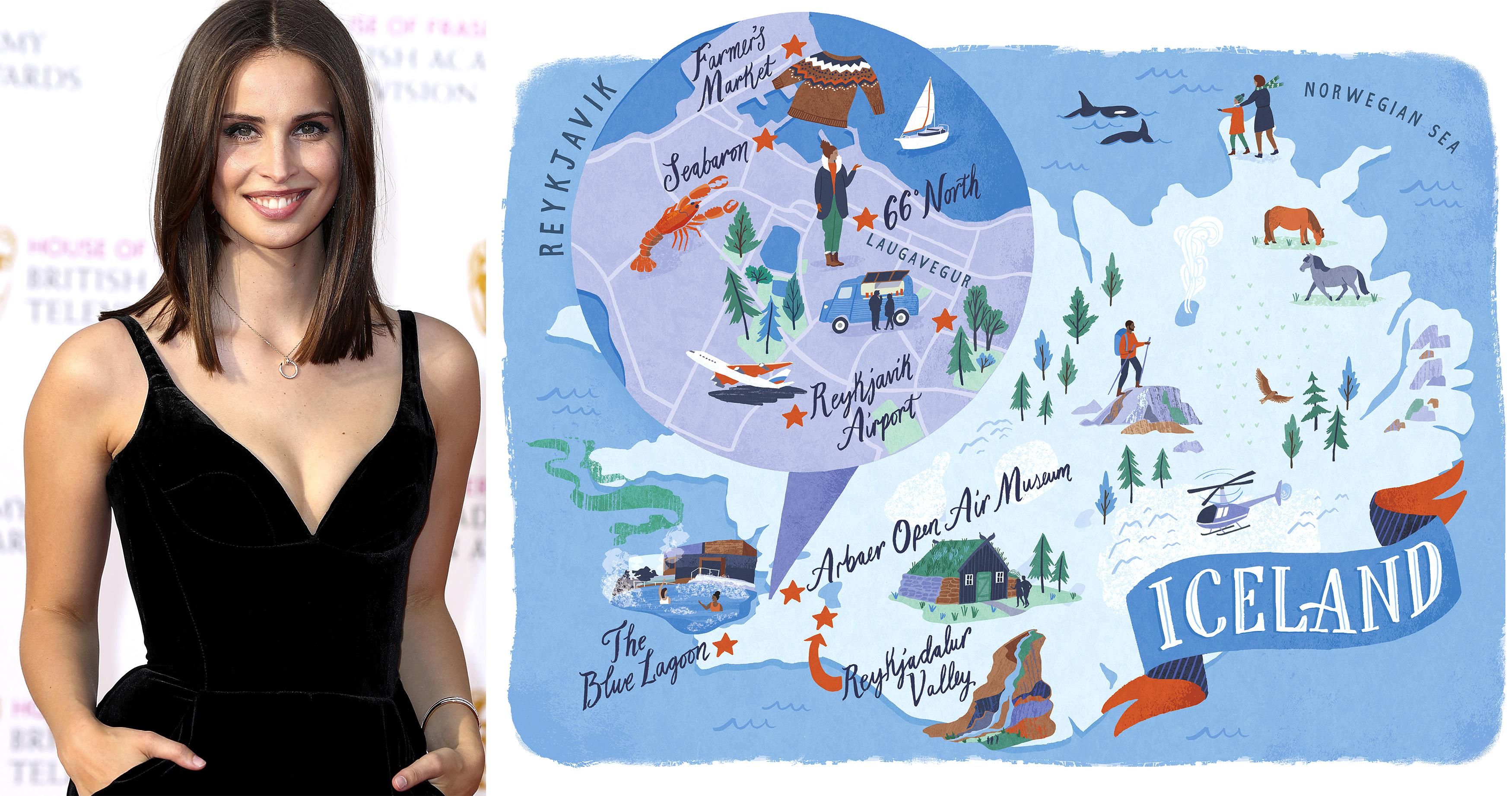 Actress Heida Reed in a black dress and a stylized map of Iceland in blue and white tones.