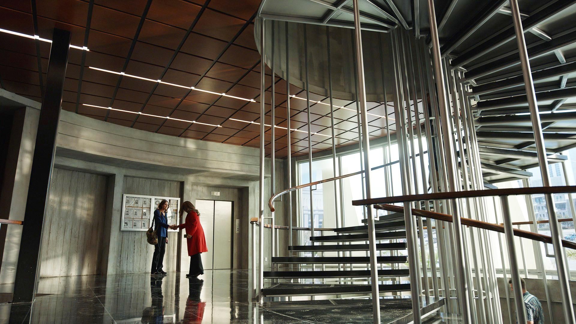 The polished metal DNA-helix-inspired spiral staircase that is a feature of the CSI: Vegas set