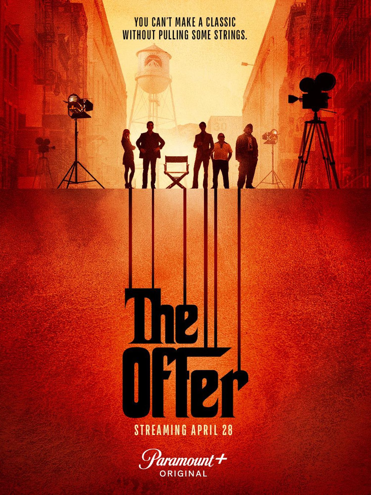 Red and yellow promotional poster for the new Paramount+ series The Offer with a font and logo inspired by original art from The Godfather