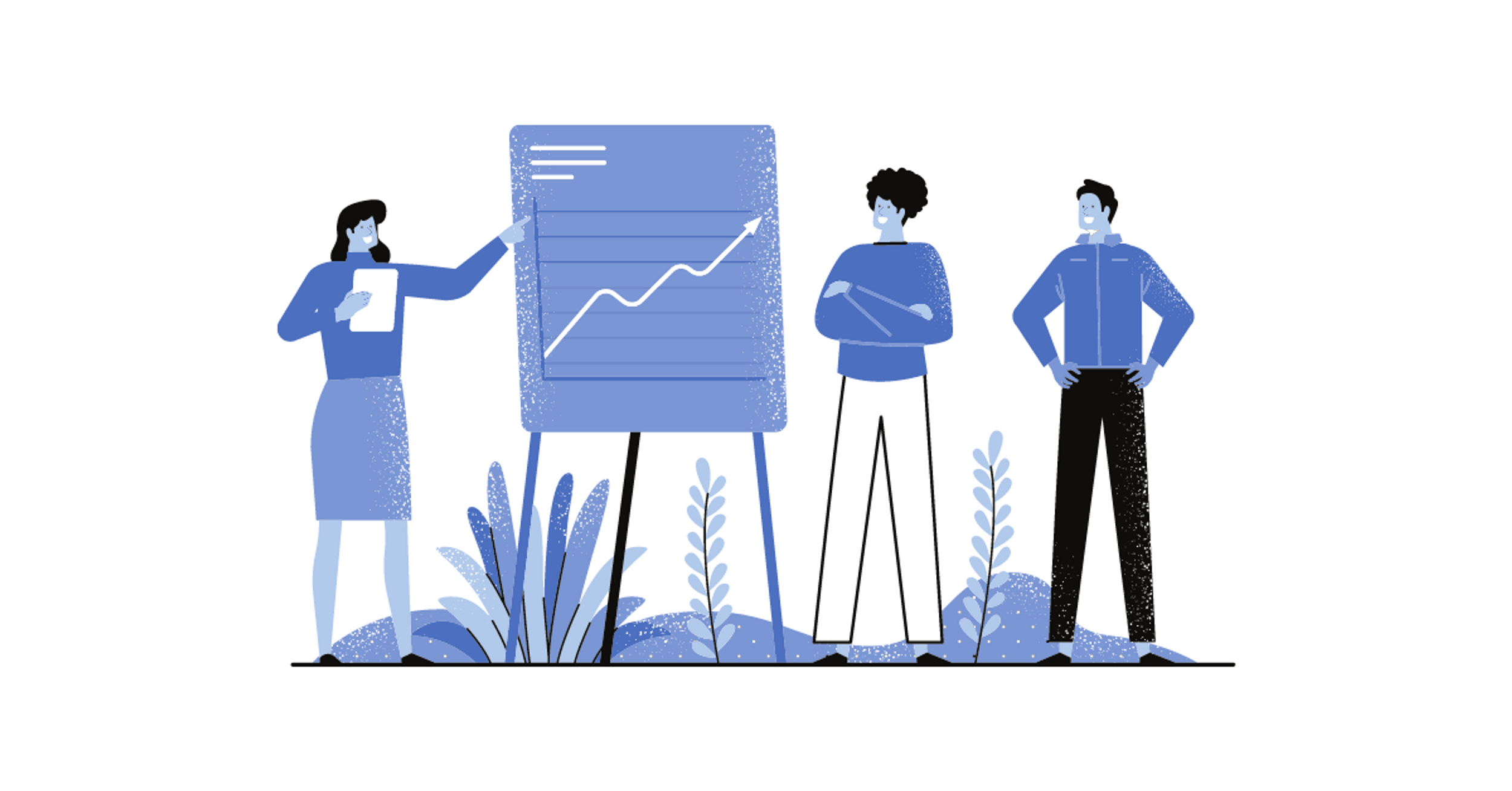 women pointing to chart with arrow depicting growth and two people observing her