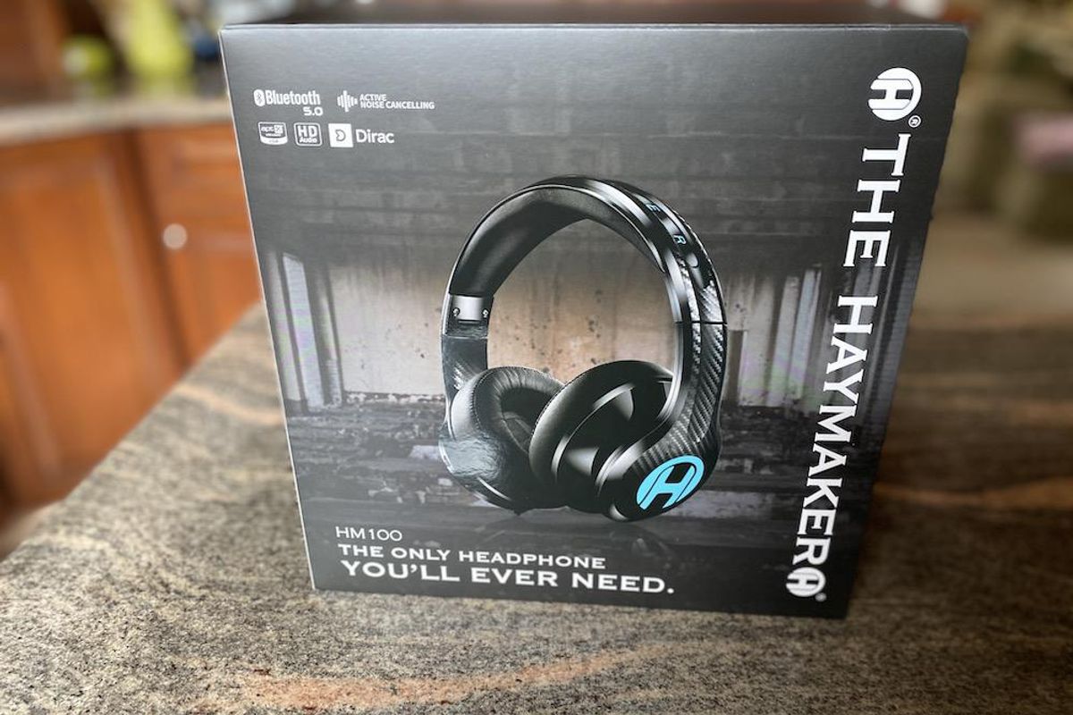A photo of The Haymaker ANC Wireless Bluetooth Headphones box on a countertop.