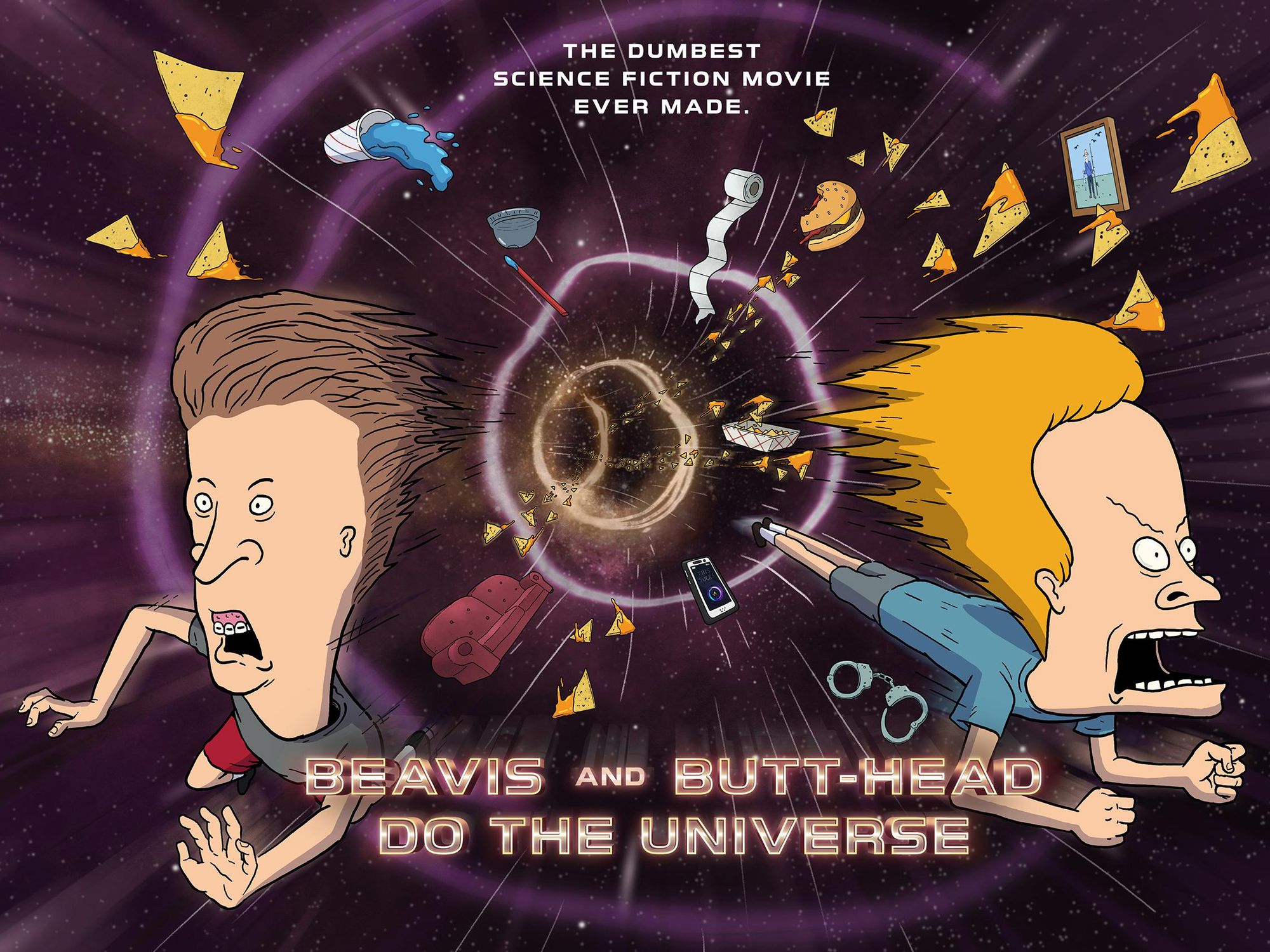 A promotional poster of the new ​BEAVIS AND BUTT-HEAD DO THE UNIVERSE movie with Beavis and Butt-Head being sucked into a black hole