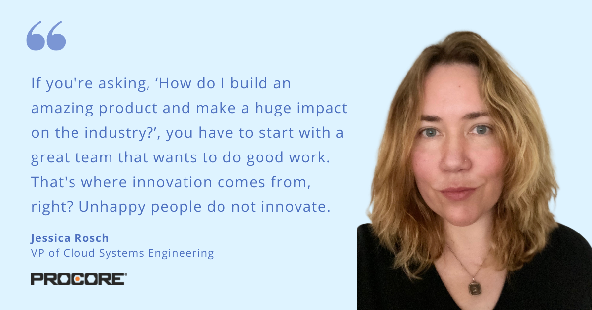 Blog post header image with quote from Jessica Rosch, VP of Cloud Systems Engineering at Procore Technologies