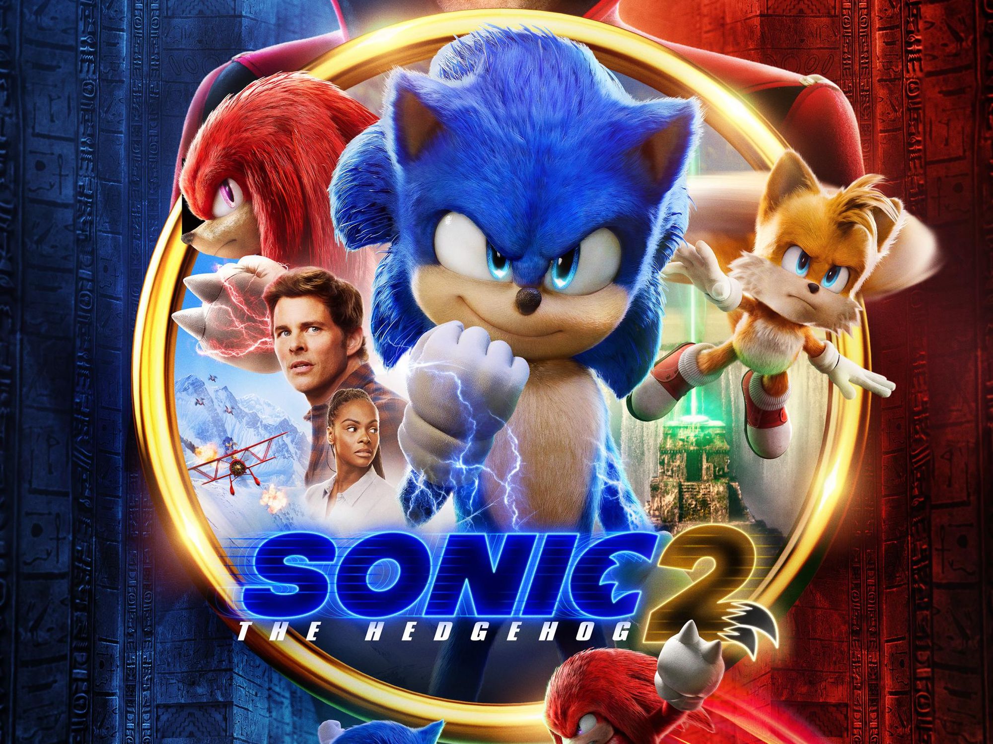 Movie poster for Sonic the Hedgehog 2 featuring the cast with Sonic in the center holding up his glowing right fist