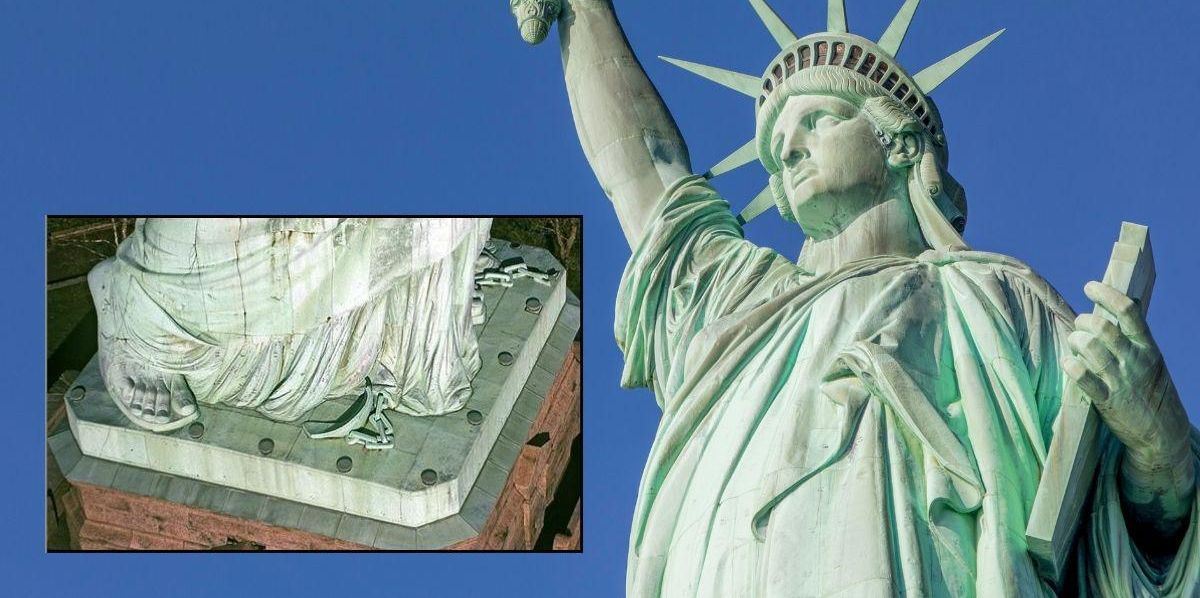 Why there's a shackle and chain at the foot of the Statue of Liberty