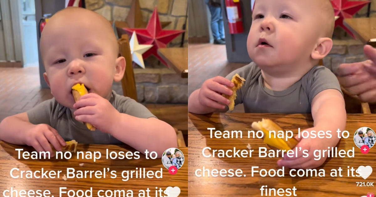 Determined Baby Hilariously Fights Off Sleep To Eat A Grilled Cheese Sandwich In Viral TikTok