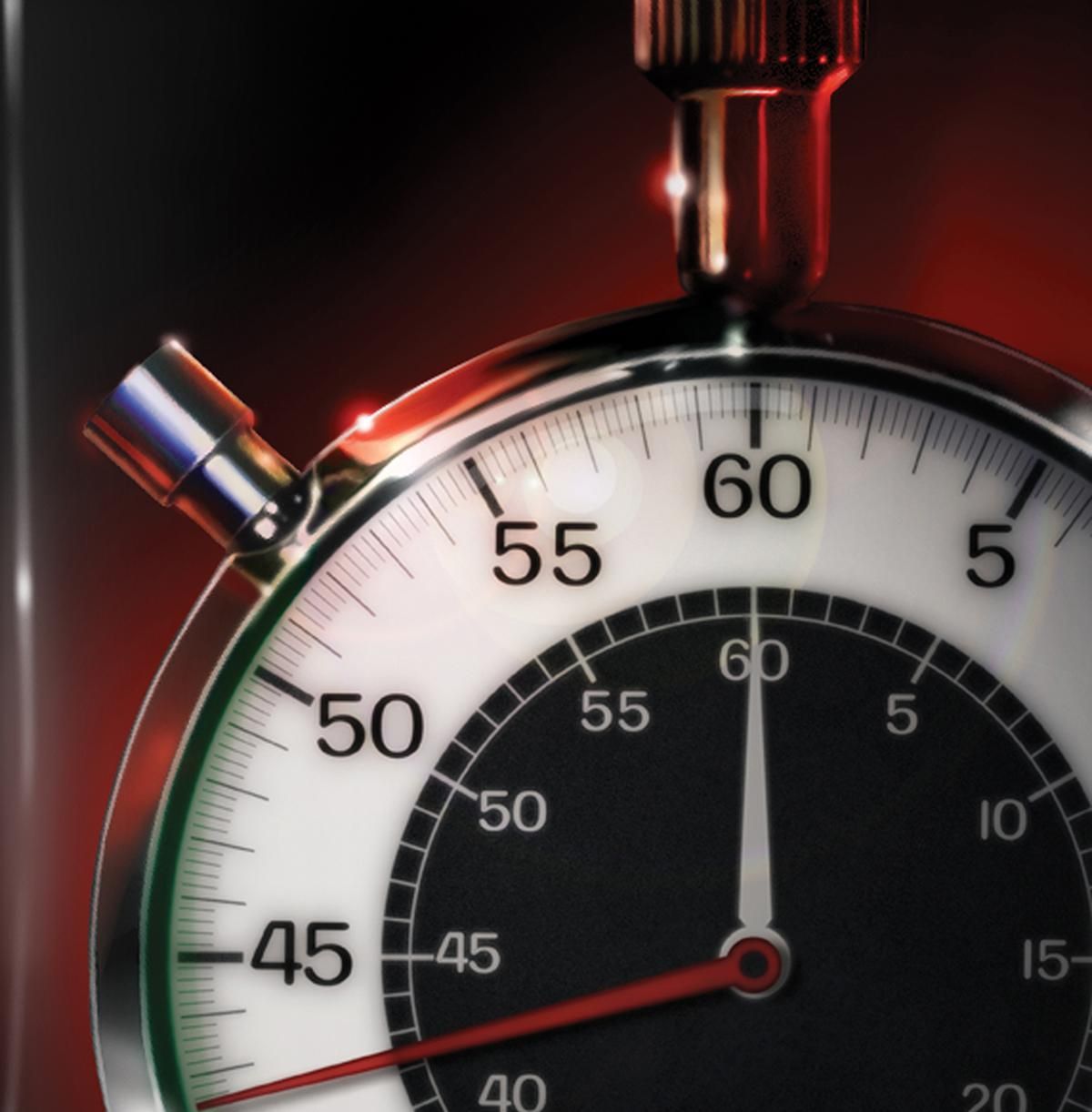 Stock image of a stopwatch face against a red background.