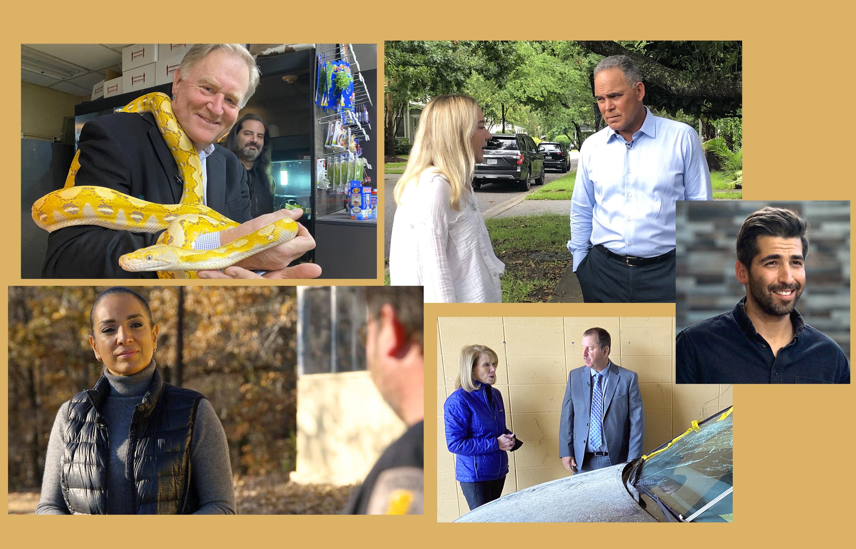 A collage of the many hosts of the CBS show 48 Hours performing their reporting duties.