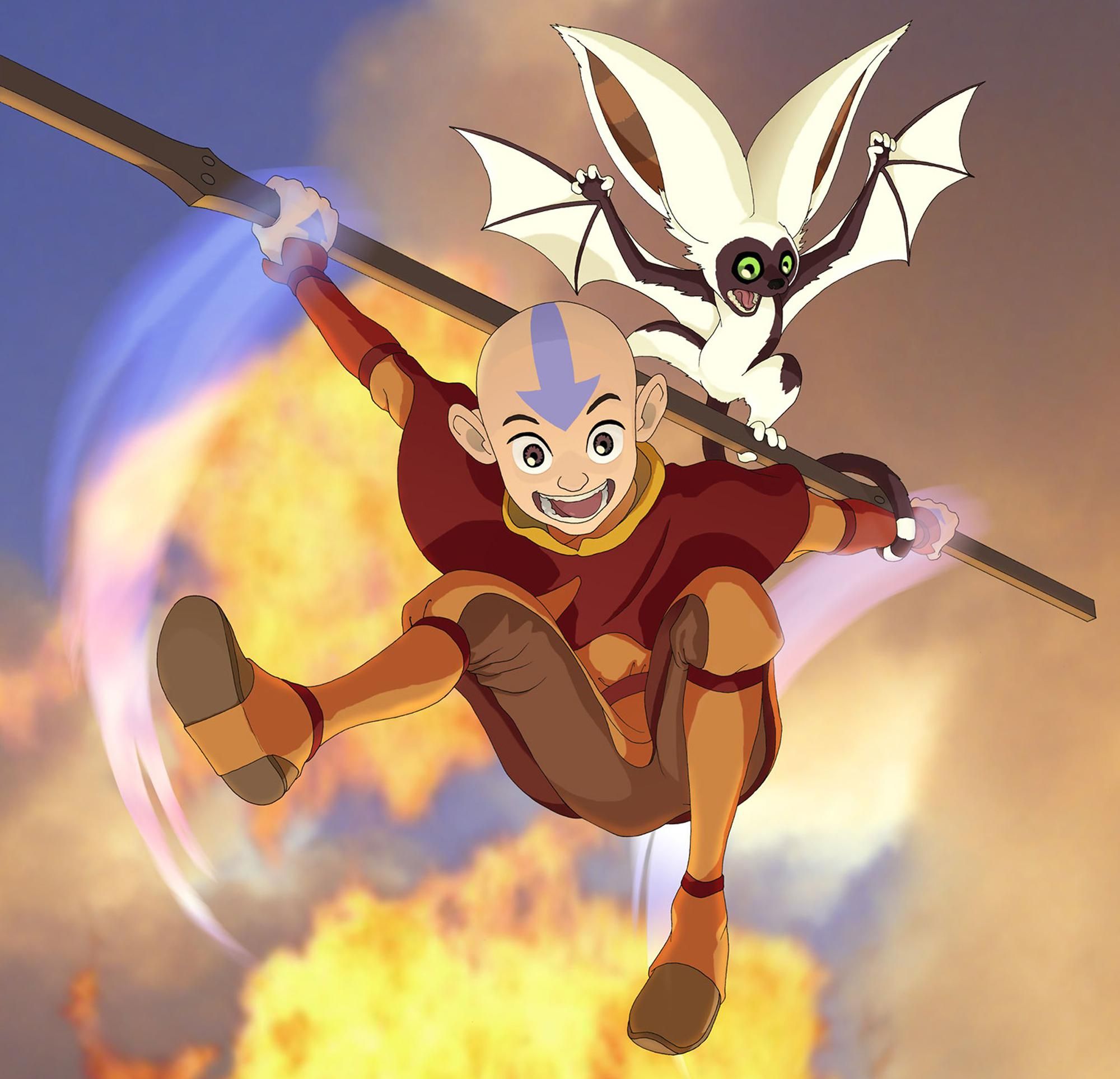 Aang and Momo from Nickelodeon 's Avatar the Last Airbender leap dramatically against a fiery background.