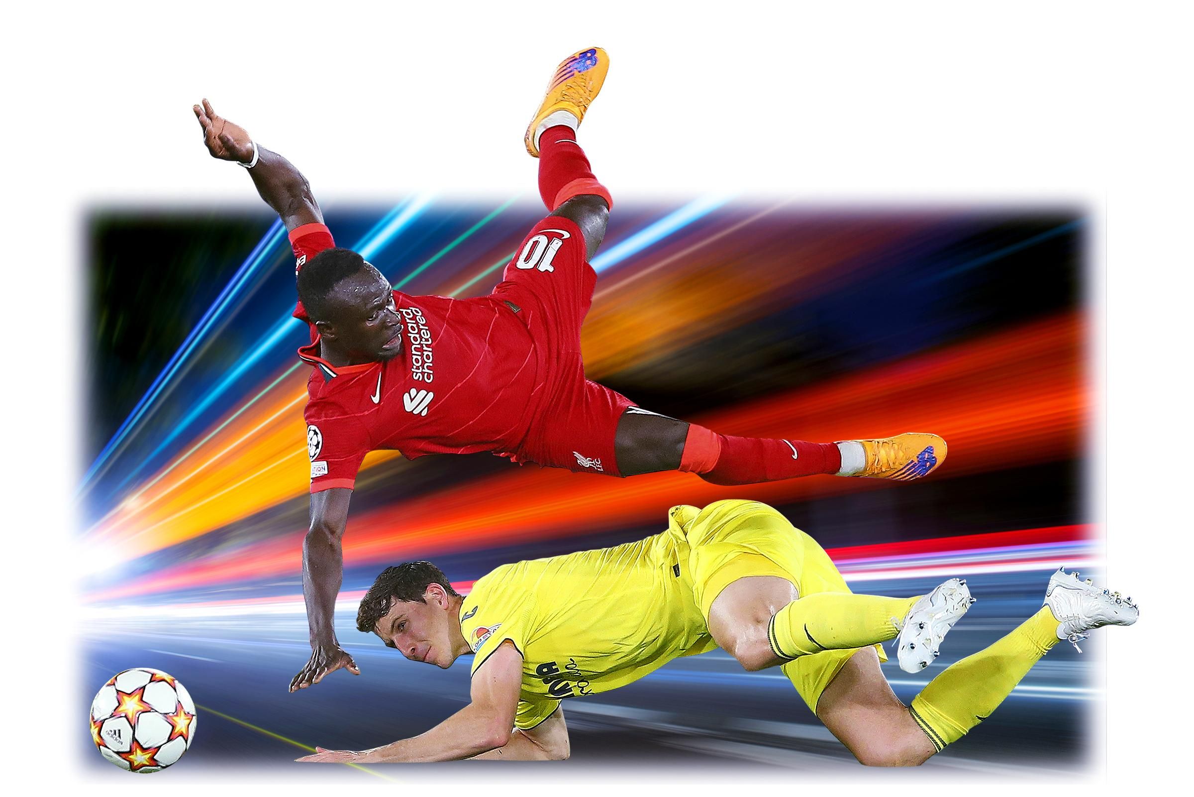 Two soccer players dive for a ball against a multi-colored stylized backdrop in this composite image.