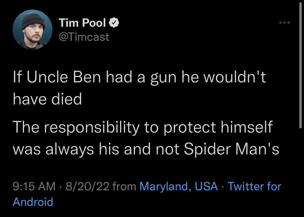 If Uncle Ben had a gun he wouldn't have died. The responsibility to protect himself was always his and not Spider-Man's 