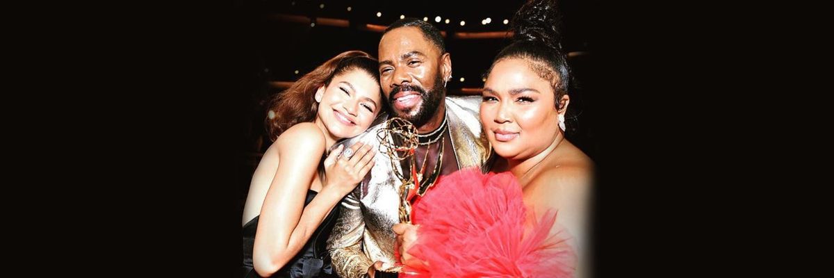 Actors Zendaya and Colman Domingo and singer Lizzo stand close to eachother posing for a picture