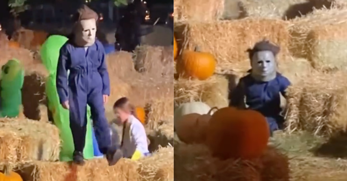 Kid Dressed As Michael Myers Hilariously Stays In Character After Taking An Awkward Fall At Halloween Event