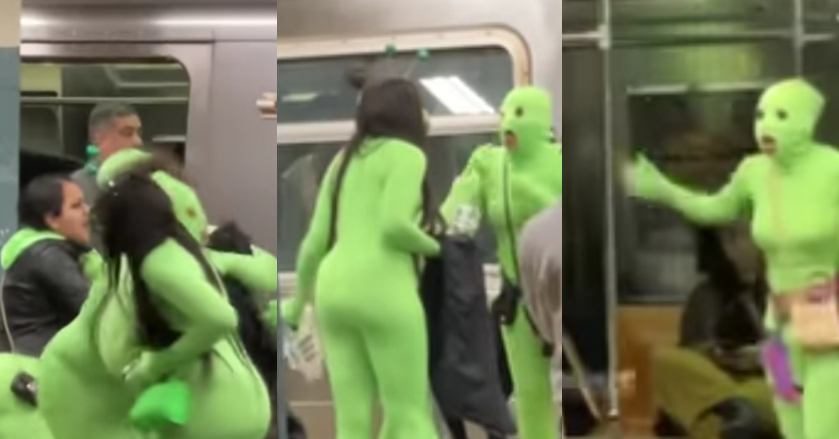 Group Of Women In Neon Green Bodysuits Caught On Camera Attacking Two Teens On NYC Subway