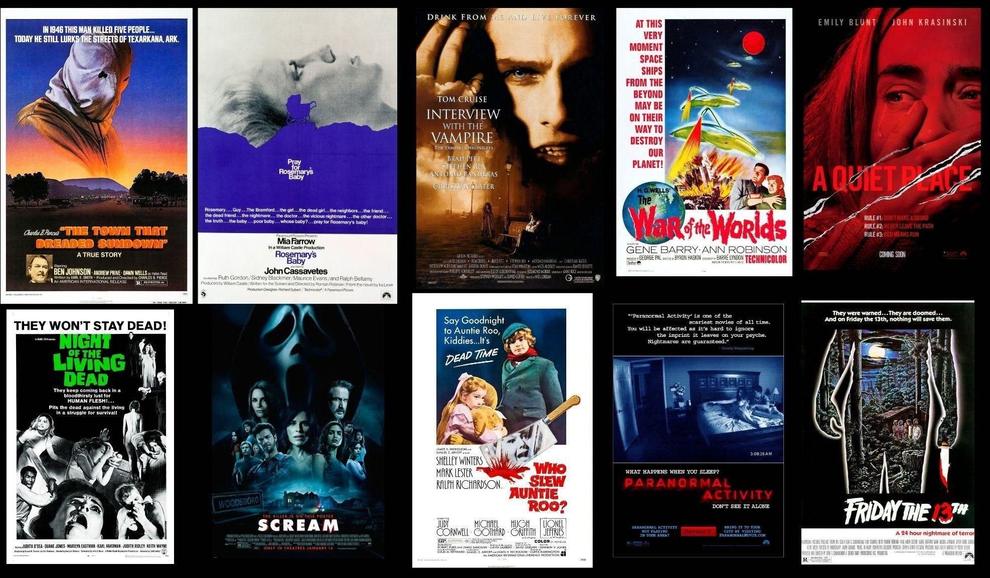 Thumbnail versions of ten promotional posters for scary movies available to watch on Paramount Plus.