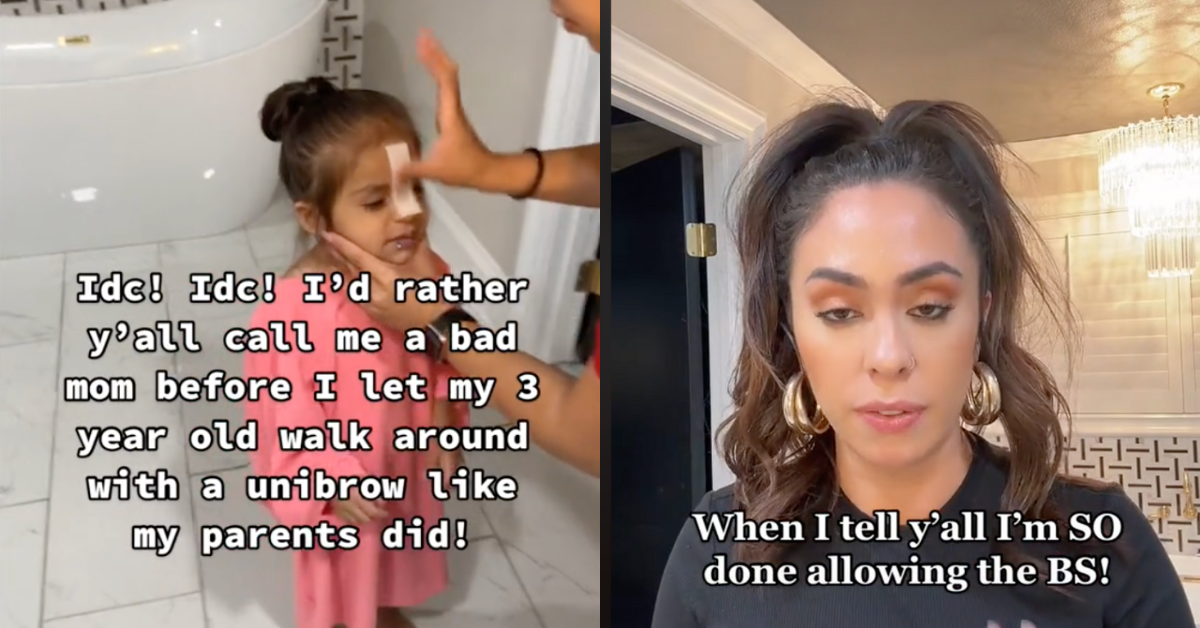 TikTok screenshots of Leah Garcia waxing her daughter's eyebrows