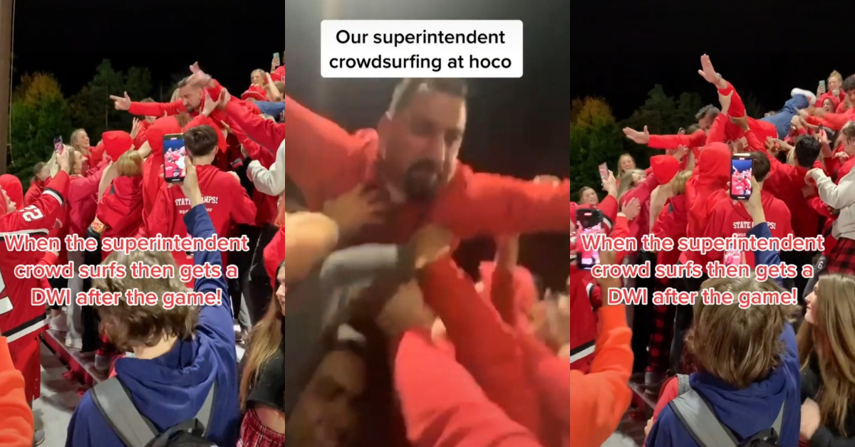 TikTok video screenshots of Baldwinsville, New York superintendent crowd surfing at high school football game