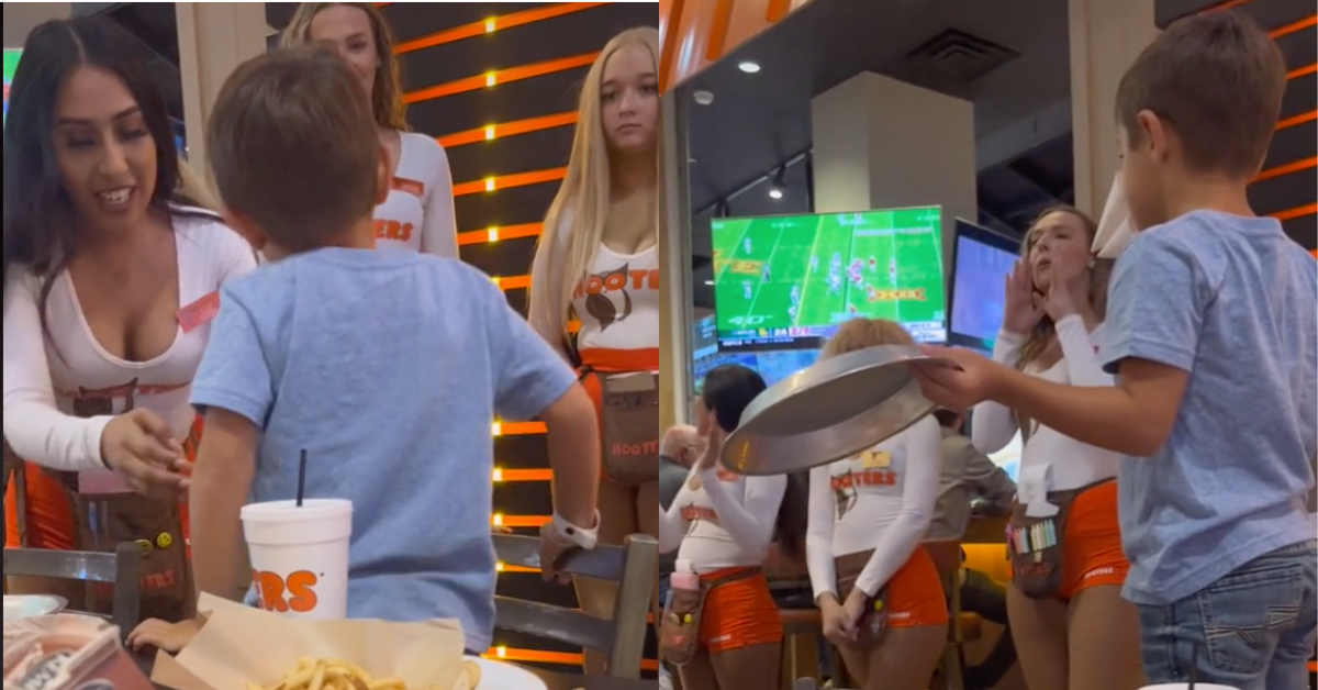TikTok screenshots of boy at a Hooters restaurant, surrounded by singing waitresses.