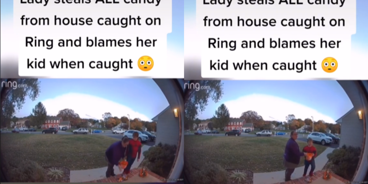 Mom Caught on Camera Taking Entire Bowl of Halloween CandyThen Blames Her Son After She's Called Out