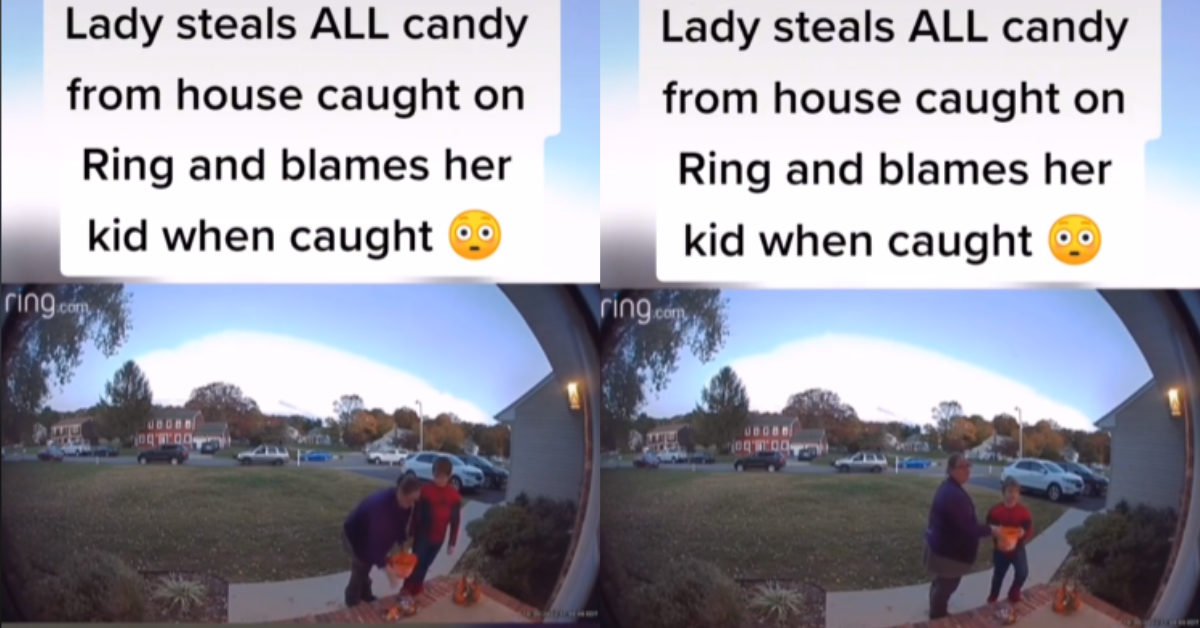 Mom Caught on Camera Taking Entire Bowl of Halloween Candy—Then Blames Her Son After She's Called Out