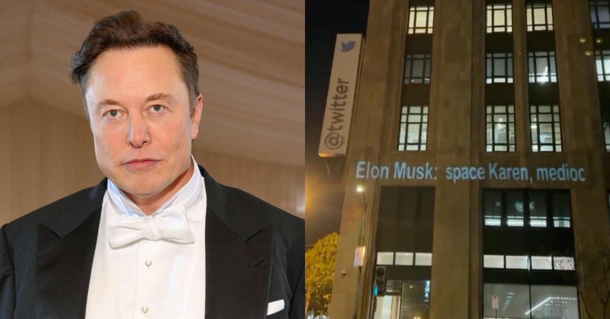Elon Musk; Twitter building with 'space Karen' projection
