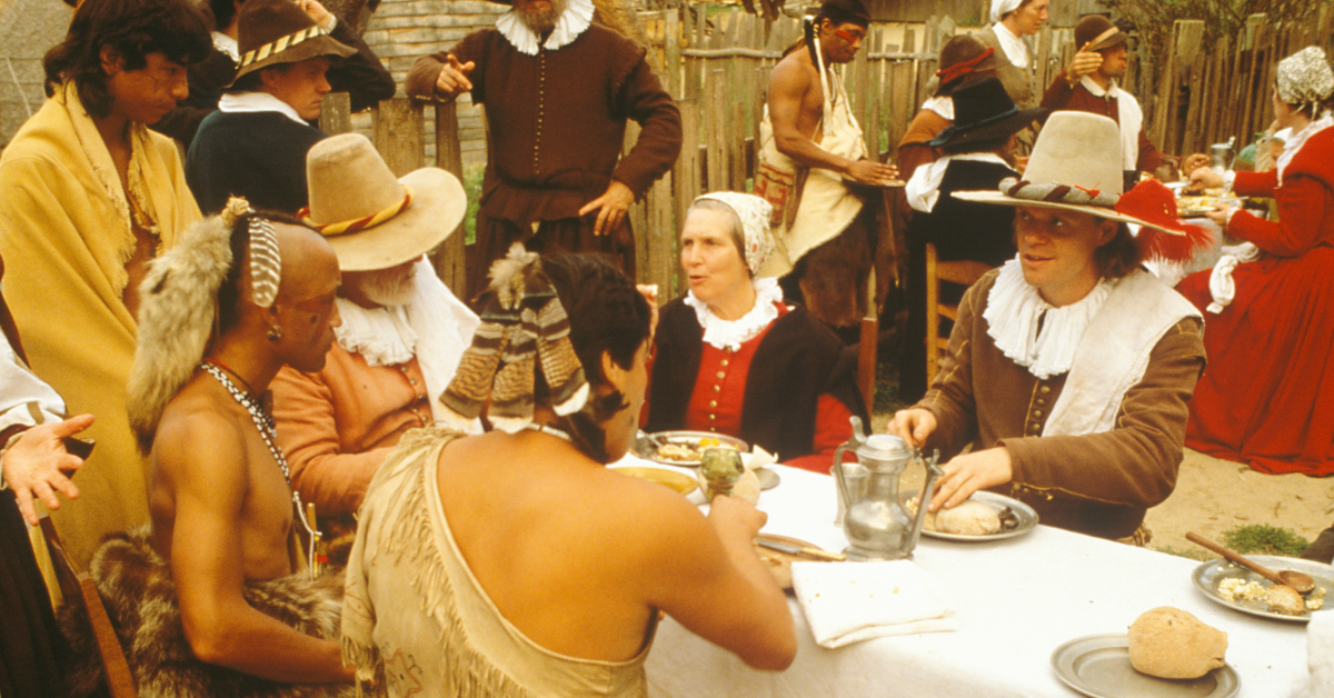 living history reenactment of Pilgrims and Natives dining, Plymouth Plantation, Plymouth, Massachusetts 