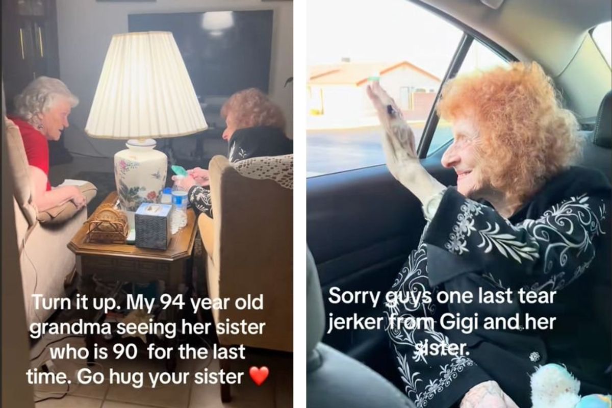 Two elderly women sitting; elderly woman waving goodbye