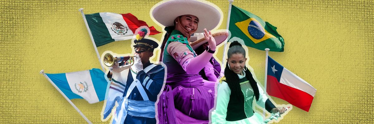 flags of latin american countries fly behind performers wearing culturally traditional clothing 
