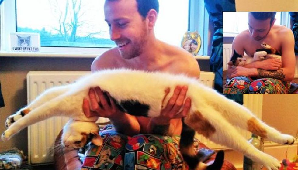 Adopted Cat Does Morning Stretches with Her Human Dad