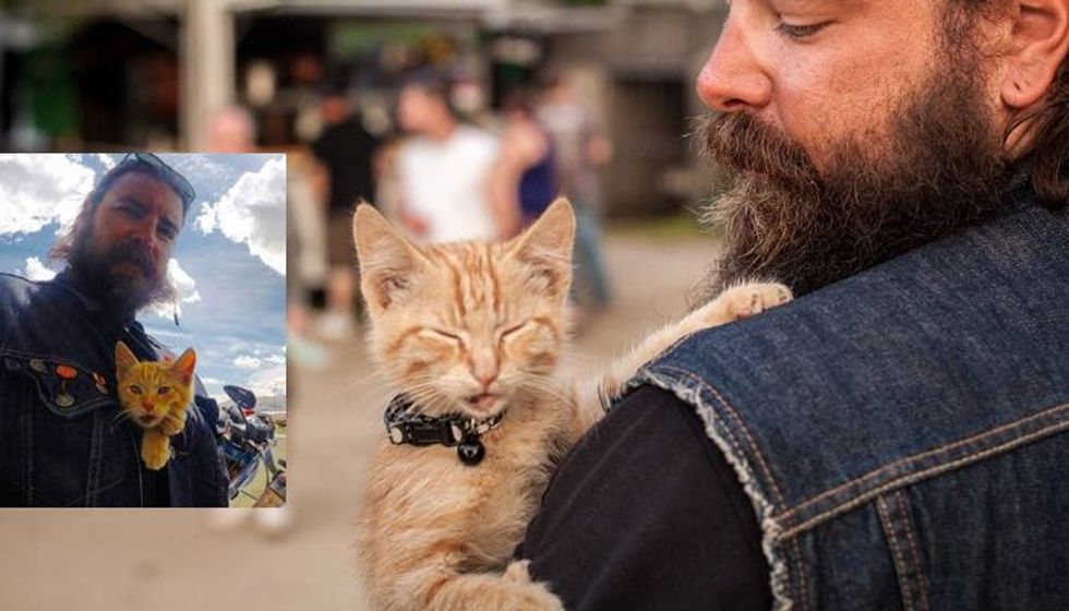 Biker Saves Injured Kitten and Continues His Trip While Caring for Him