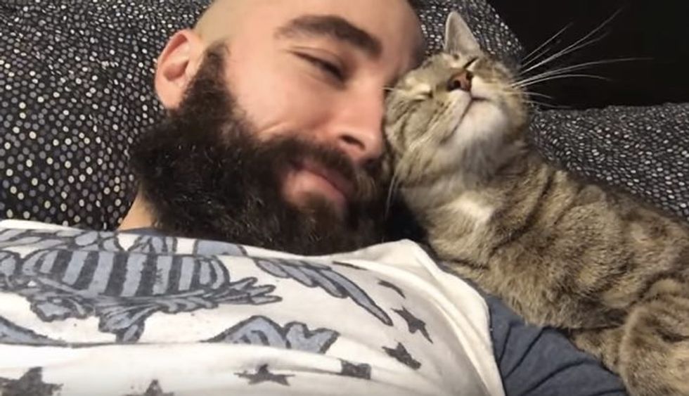 Kitty Waking Up His Human Dad with Snuggles and a Big Hug!