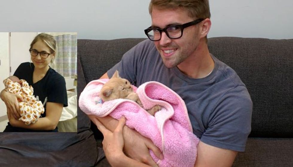 Single Guy Recreates Twin Sister's Baby Photos with a Cat