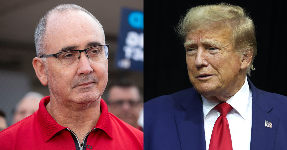 A split image with UAW President Shawn Fain on the left and former President Donald Trump on the right.