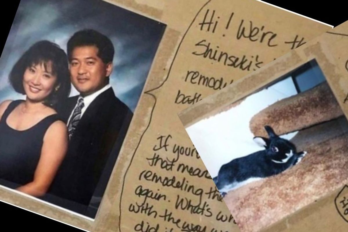 photo of a couple and their bunny with notes 