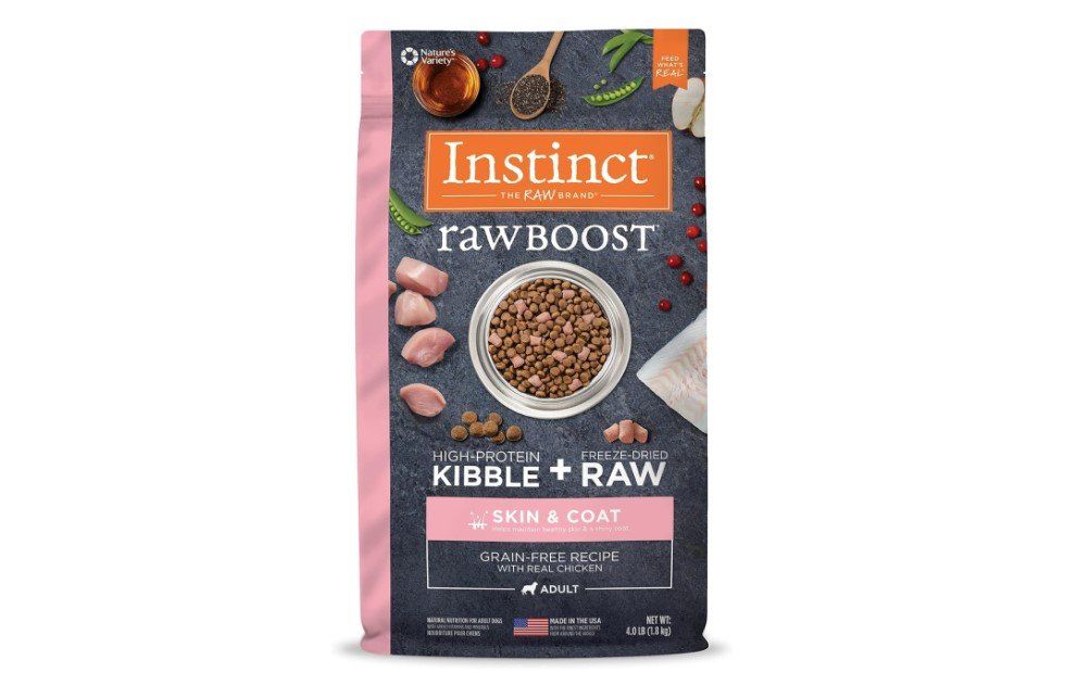 Instinct Raw Boost dog food, high-protein kibble with raw, grain-free, for skin and coat.