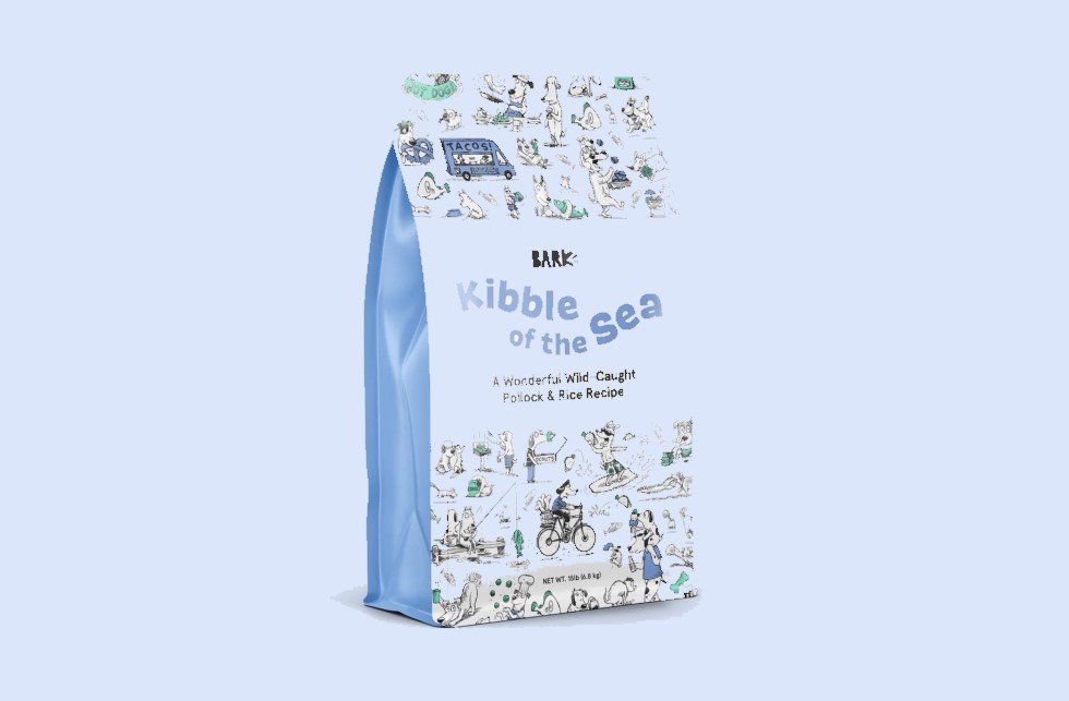 Dog food bag labeled "Kibble of the Sea" with playful illustrations.