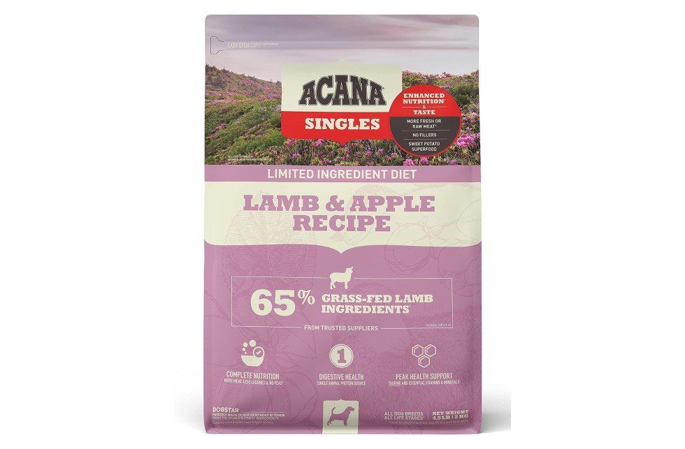 Acana Singles Lamb & Apple dog food bag, 65% grass-fed lamb, limited ingredient diet.