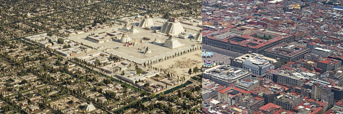 a side by side comparison of Tenochtitlan and present-day Mexico City