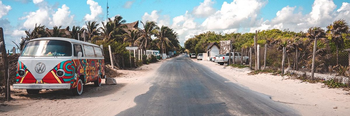 one of the only streets in Tulum Beach
