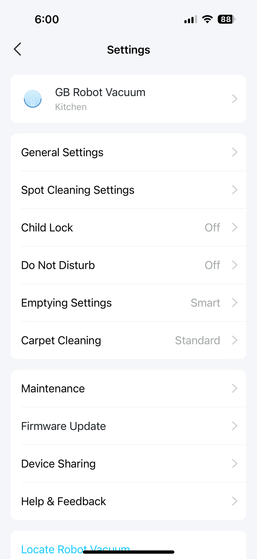 Settings screen in Tapo app for RV10 Plus Robot Vacuum and Mop